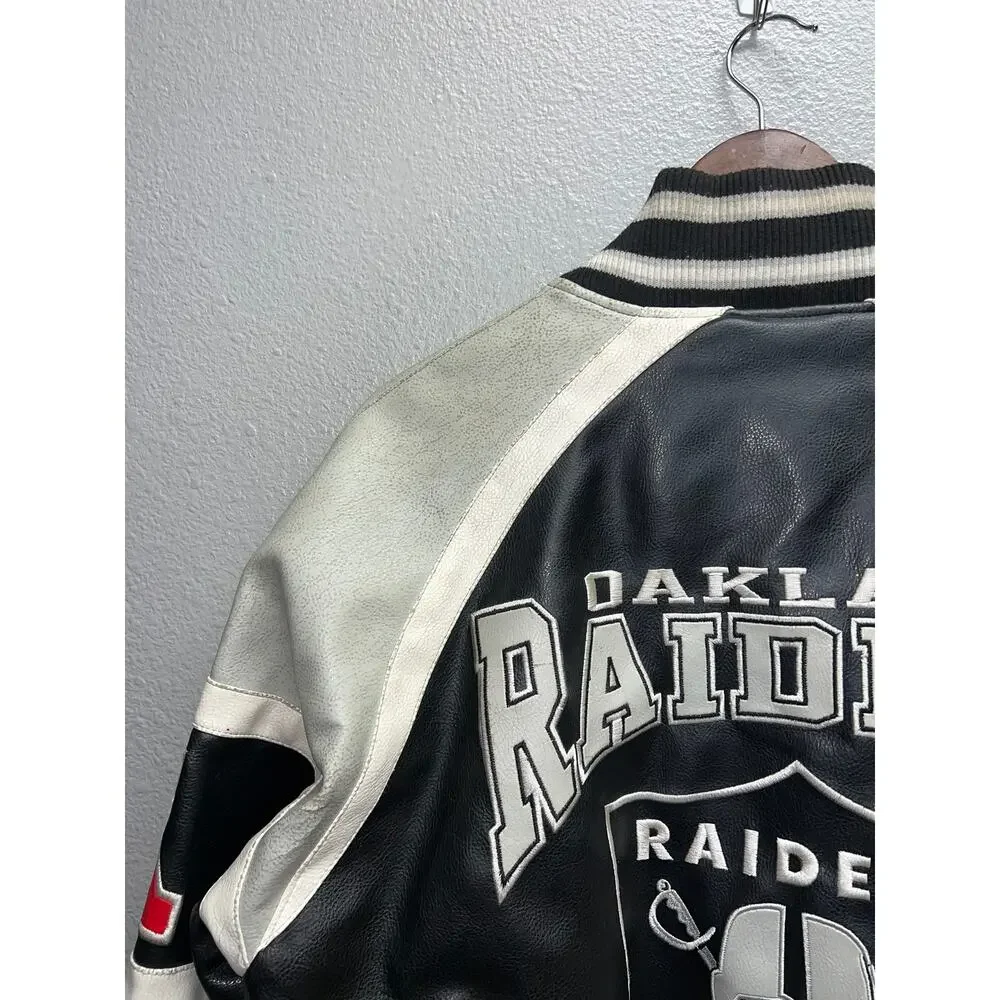 NFL Oakland Raiders Leather Jacket Football Black Silver Outerwear Stained Large
